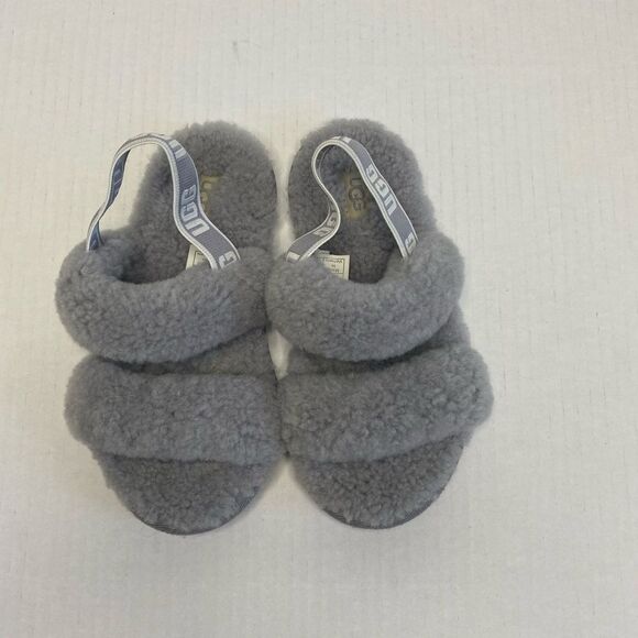 UGG Kids Fluffy Sherpa Gray Sandals Size 12 - Picture 2 of 8